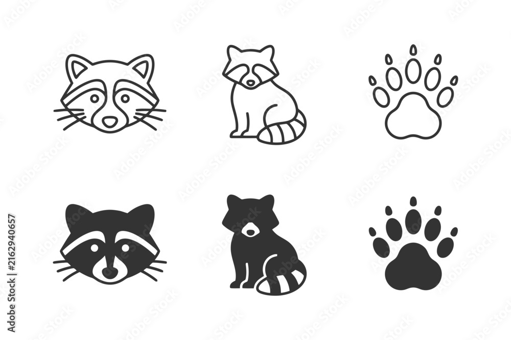 Obraz premium Raccoon icon set with face, sitting, and paw prints in black and white.