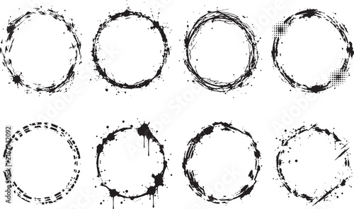 Grunge Circle Frames, Ink Brush Rings, Splatter Borders Vector