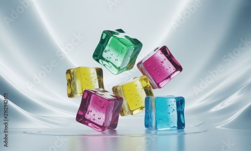 Colorful, translucent ice cubes levitate against a smooth, light-gray background