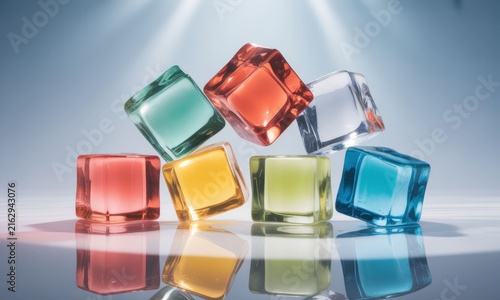 Colorful transparent cubes, seemingly floating, reflected on a surface