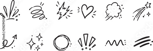 Hand Drawn Doodle Elements, Heart, Lightning, Sparkle Vector