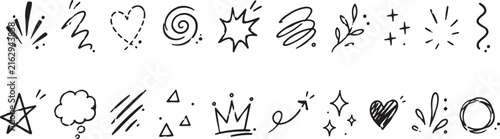 Hand Drawn Doodle Elements, Stars, Hearts, Swirls Vector