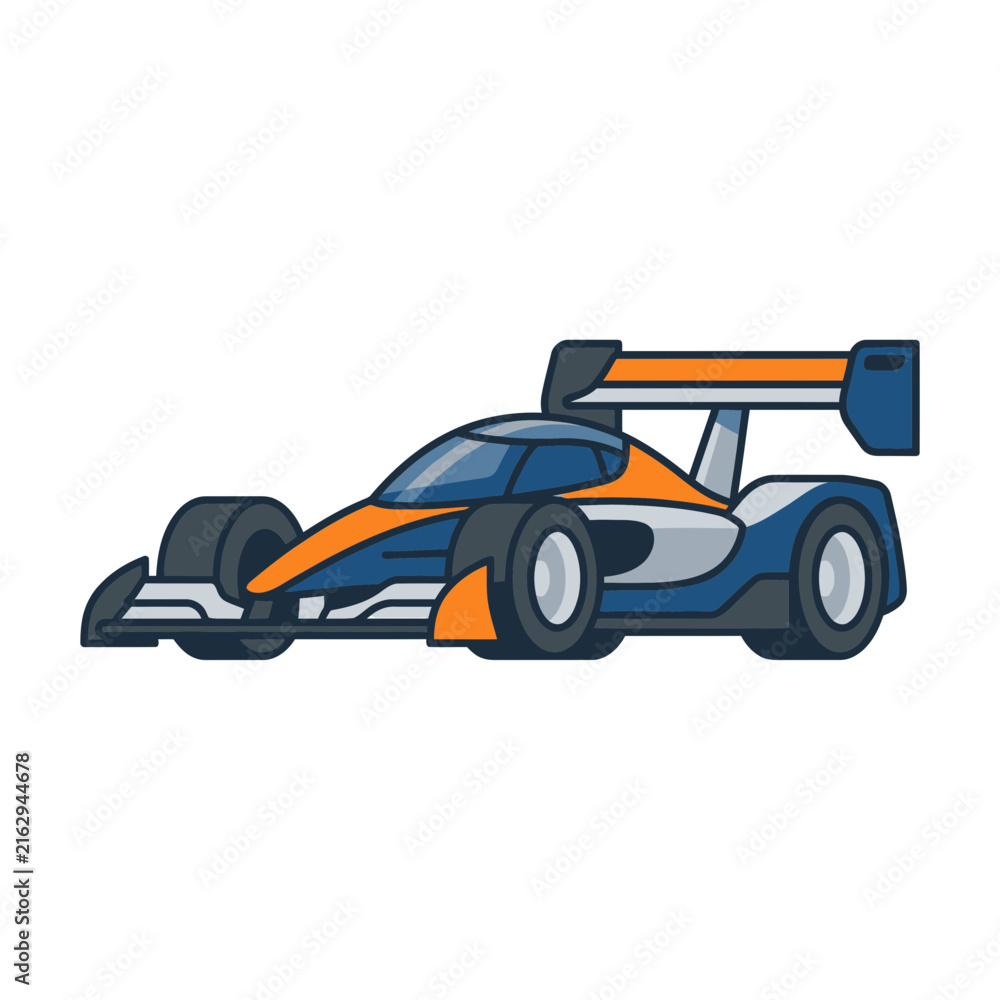 Naklejka premium Modern Formula 1 Racing Car, Sleek Aerodynamic Design, Orange and Blue Livery, Isolated on Transparent Background
