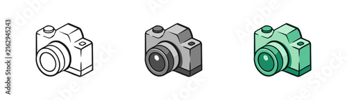 Camera Icon Set. A collection of three isometric camera icons in different styles, including line art, grayscale, and color. Vector