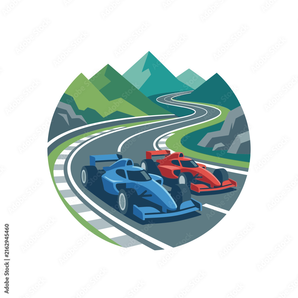 Fototapeta premium Formula 1 Race Cars Speeding on Mountain Track, Racing Competition, Vector Illustration