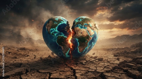 A dramatic image depicts a shattered globe shaped like a broken heart, set against a desolate, cracked landscape under a stormy sky.
