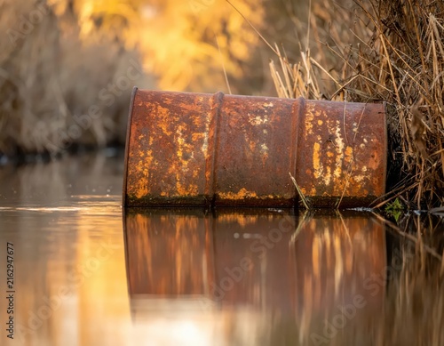 Rusty Barrel Disposing in Calm Water Surrounded by Brown Reeds and Golden Hour Light Reflection