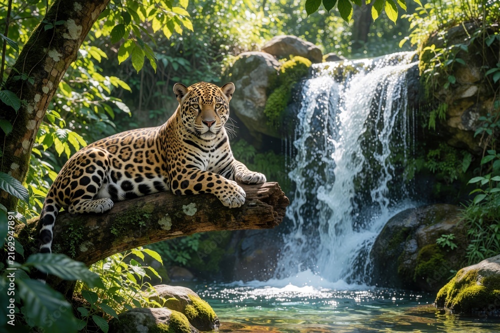 Naklejka premium Jaguar rests on log near waterfall in rich green jungle. Powerful big cat watches intently, showing its spotted coat. Wild animal in natural habitat.
