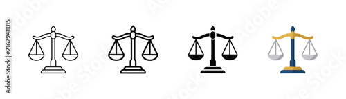 Weighted justice scales icon set representing law, fairness, balance, equality, judgment, legal rights, and judicial decisions