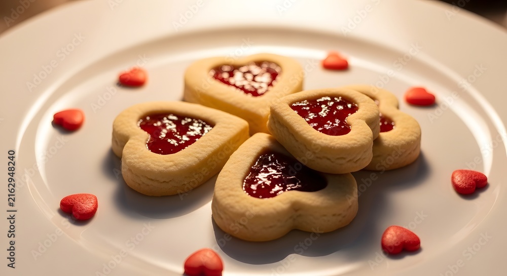 Obraz premium Heart shaped cookies with jam on a white plate