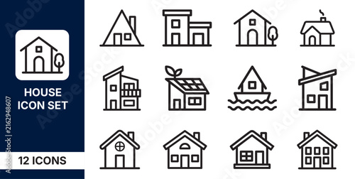 Set of house icons, collection of various residential building symbols, simple line art style vector illustration
