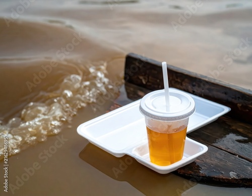 Refreshing Drink on Styrofoam Tray at the Edge of Calm Water Surface During a Bright Day