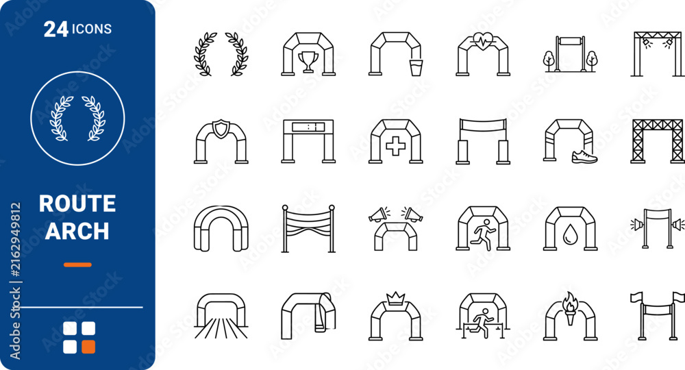 Fototapeta premium Marathon route arch line icon set. Vector pictograms of finish, start, race, and running elements, thin linear illustration.