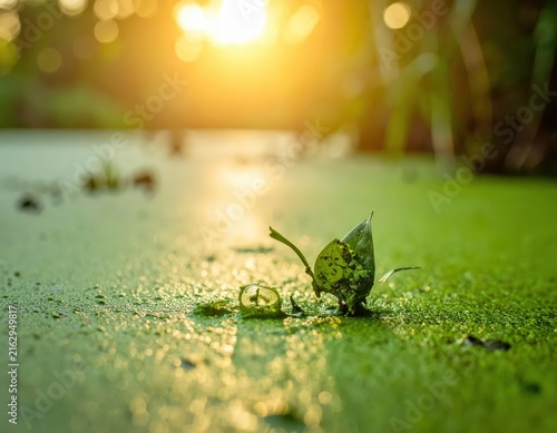 Serene Close-Up View of Leaf on Green Surface with Soft Sunrise Light in Background