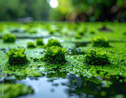 Floating Green Plants in a Calm Water Surface with Soft Bokeh Background