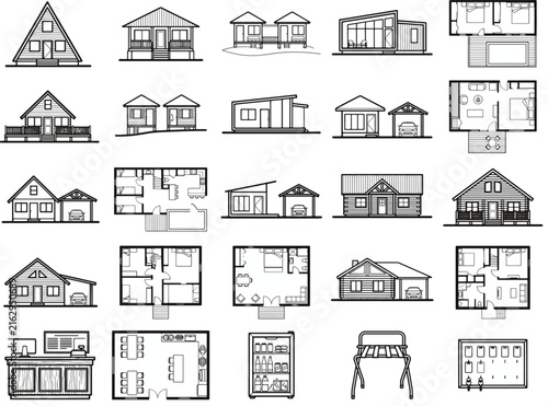 A collection of diverse house architectural blueprints and exterior renderings showcase various housing designs, from simple cottages to modern residences, ideal for real estate and design concepts.