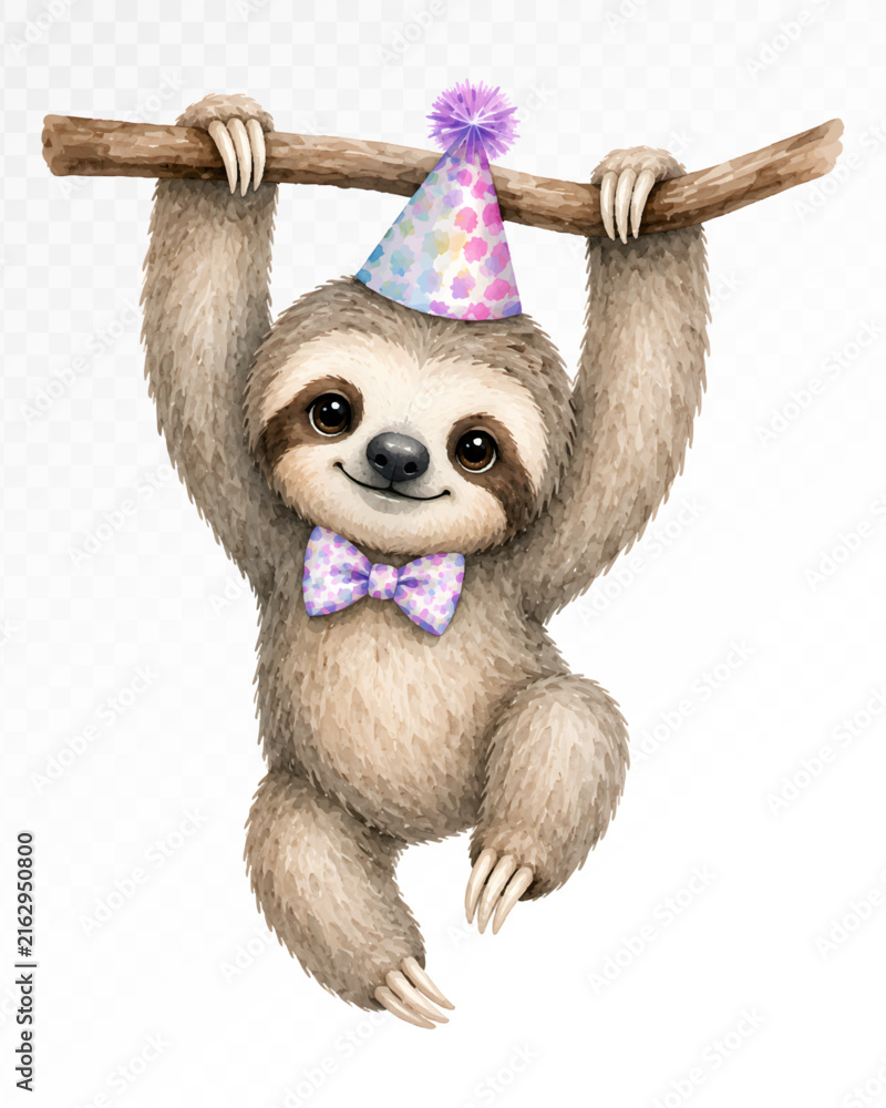 Naklejka premium Party sloth hanging on branch watercolor vector art