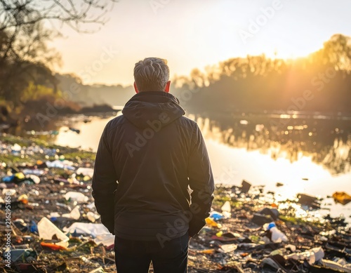 Man Standing by the River Surrounded by Trash and Waste During Sunrise in Nature Scene