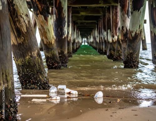 Underneath a Pier: Wet Sand and Wooden Supports with Trash and Marine Life in View