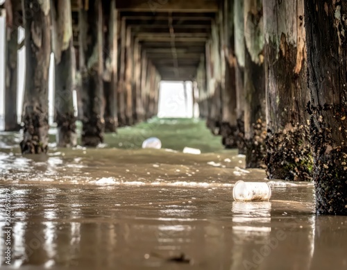 Pollution Awareness Under Pier with Debris and Reflections in Water at Coastal Location