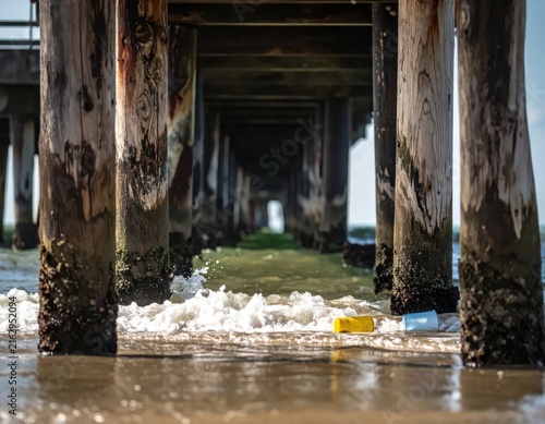 Tranquil View Under Pier with Wooden Pillars and Gentle Waves on Sunny Day by the Shore
