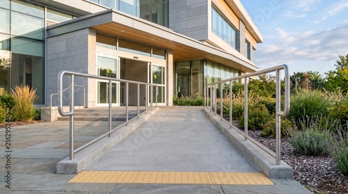Accessible building entrance with a concrete ramp, metal railings, and tactile paving for safety and ease of access