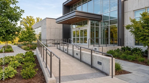 Modern building entrance featuring an accessible concrete ramp and lush green landscaping, highlighting contemporary architecture, functional design, and a welcoming professional aesthetic