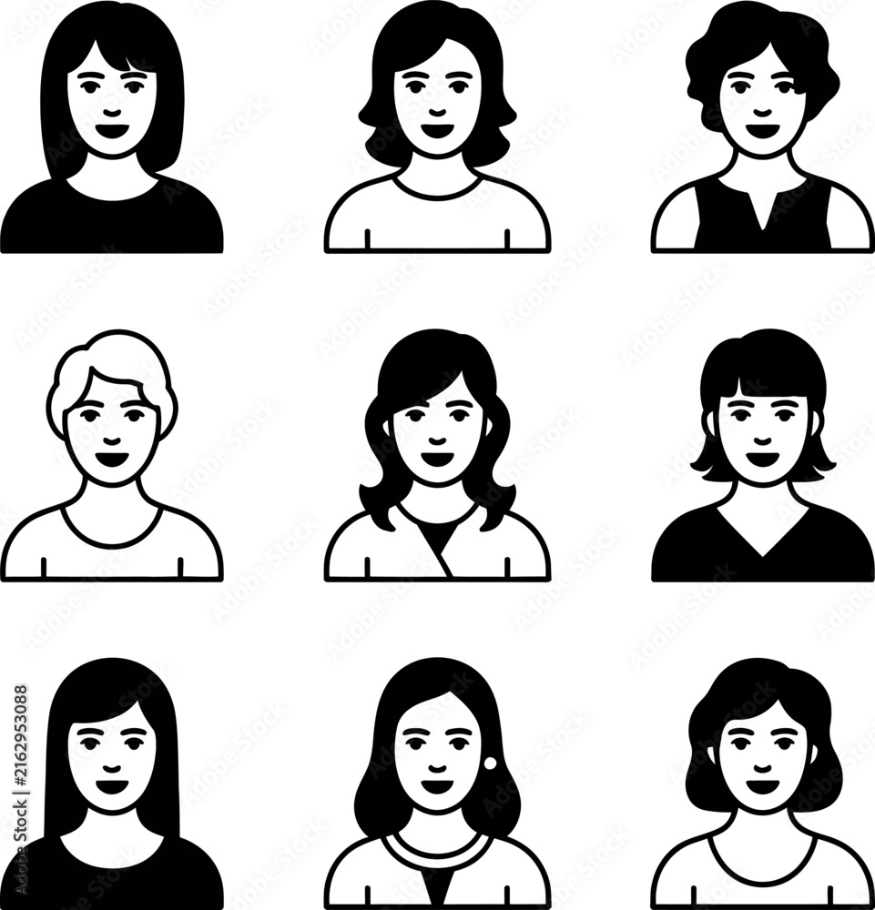 Fototapeta premium Black and white women's avatar profile icons set