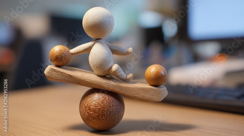 Man Sitting on Wooden Table with Coffee Cup or Wine Glass, Creative Balance and Equilibrium Concept for Business, Lifestyle and Comparison Themes