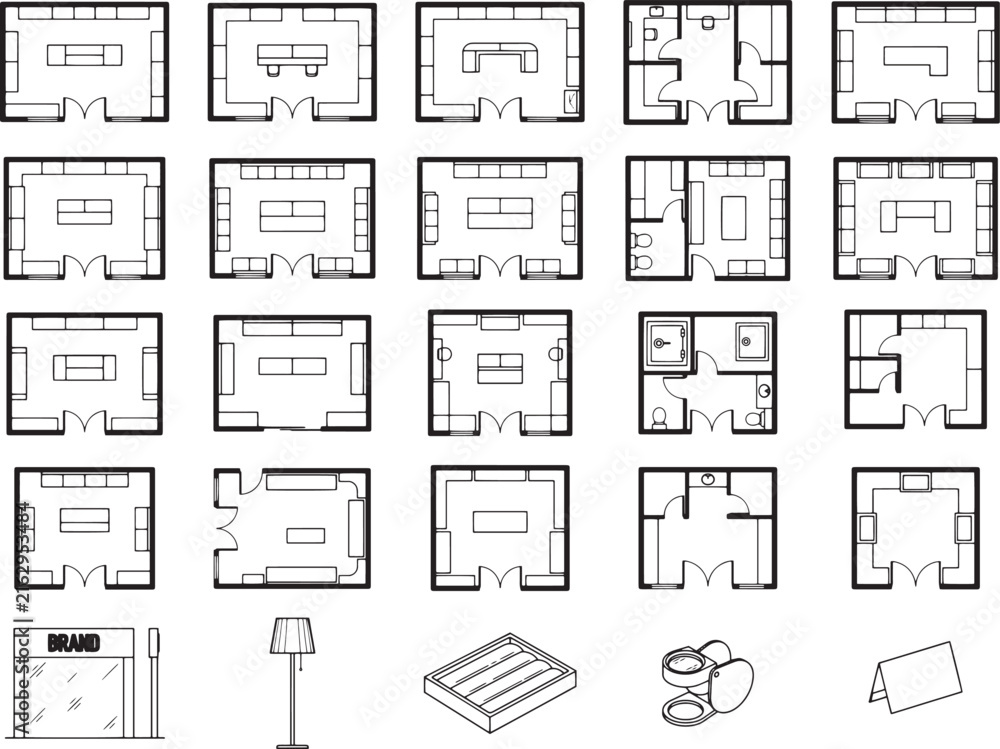 Fototapeta premium Collection of architectural floor plans, including layouts for living rooms, bathrooms, and storefronts, accompanied by furniture and accessory icons.