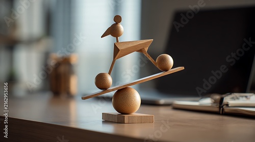 Man Sitting on Wooden Table with Coffee Cup or Wine Glass, Creative Balance and Equilibrium Concept for Business, Lifestyle and Comparison Themes