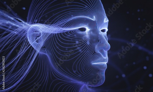 Digital portrait of a face, outlined by glowing lines