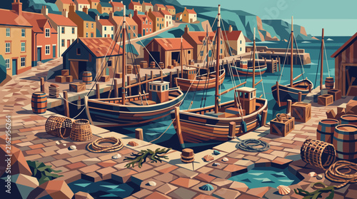 Colorful Fishing Harbor with Boats and Waterfront Houses