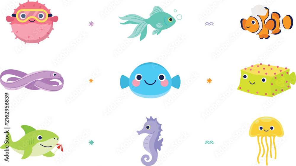 Naklejka premium Cute Cartoon Sea Creatures and Marine Animal Icon Set with Happy Pufferfish, Clownfish, Shark, Seahorse, and Jellyfish Characters for Kids Graphic Designs