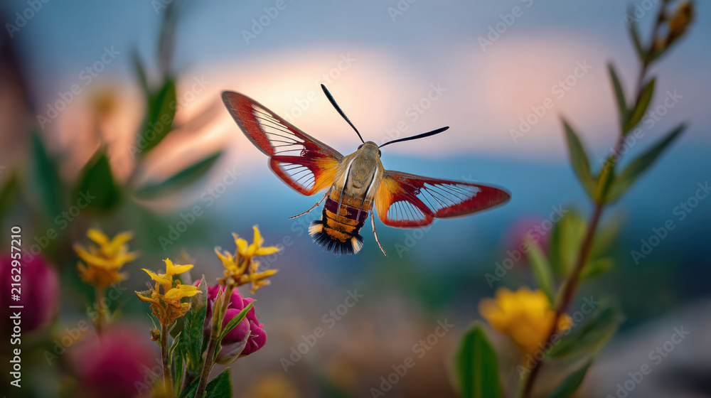Naklejka premium close-up of a hummingbird moth hovering in vibrant nature
