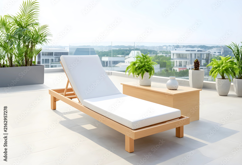 Fototapeta premium Luxury rooftop terrace relaxation, modern outdoor living space with wooden lounge chair and city view