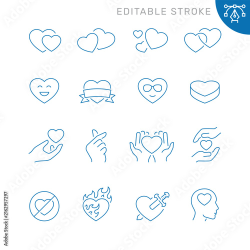 Vector line set of icons related with heart. Contains monochrome icons like heart, love, passion, valentine, and more. Simple outline sign. Editable stroke.