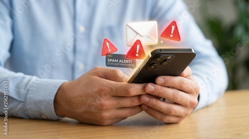 A person holding a smartphone receiving a spam email alert and red warning symbols.
