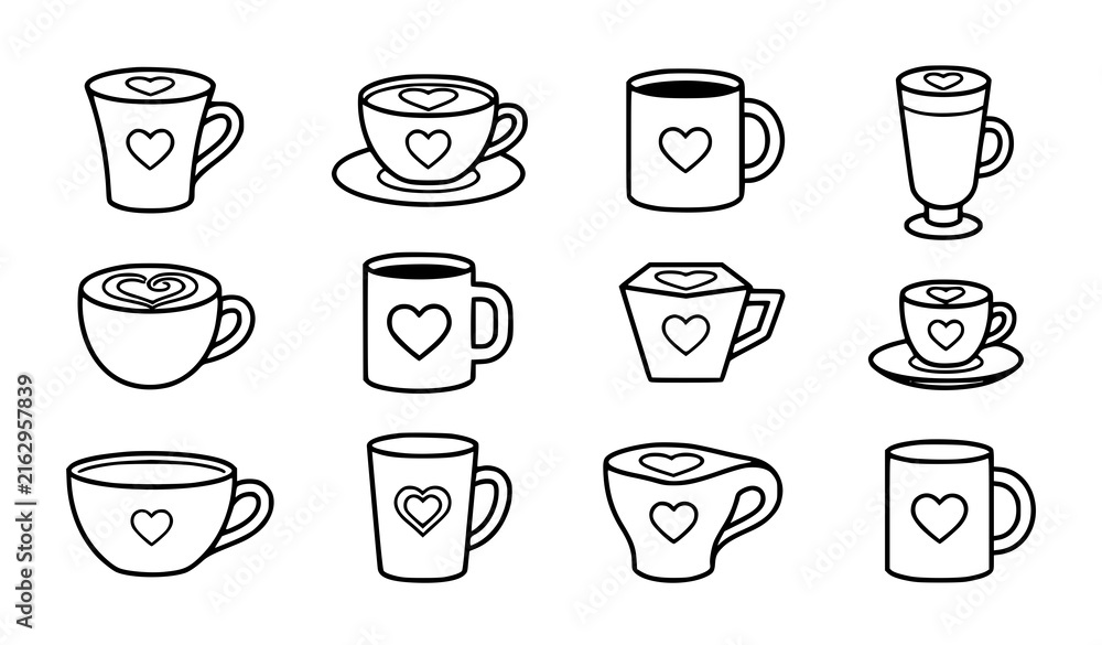 Obraz premium Coffee Cup Heart Latte Art Outline Icons Minimalist Beverage Vector Set
