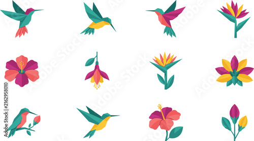 Geometric Hummingbird and Tropical Flower Icon Set with Low Poly Vector Illustrations of Exotic Birds, Hibiscus, and Bird of Paradise Blooms