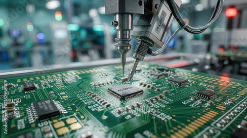 High-precision semiconductor manufacturing process with an automated machine assembling a circuit board.