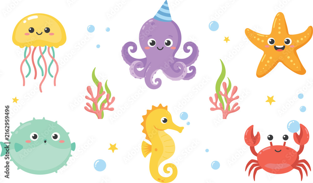 Fototapeta premium Cute Sea Creatures and Ocean Animals Icon Set with Kawaii Underwater Life Characters for Kids Birthday Invitations, Nursery Decor, and Children Graphic Designs