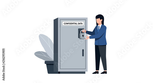 Business Professional Locking a Safe Cabinet Labeled Confidential Data, Concept of Information Security and Data Privacy Protection