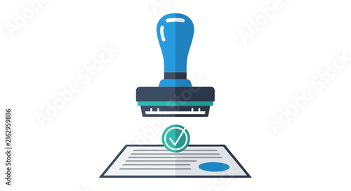 Document Approval Illustration with Blue Rubber Stamp and Green Checkmark Icon on White Background - Professional Certification and Validation Concept