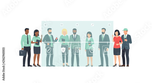 Diverse Business Team with Digital Cybersecurity Interface and Data Protection Icons