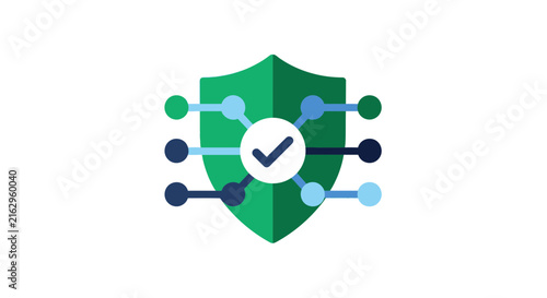 Cybersecurity Shield Icon with Network Nodes and Checkmark for Data Protection and Digital Privacy