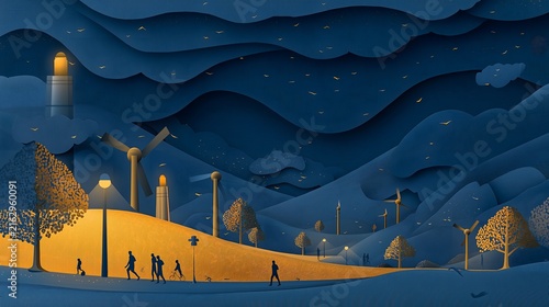 Wind turbines illuminate a park at night in renewable energy illustration