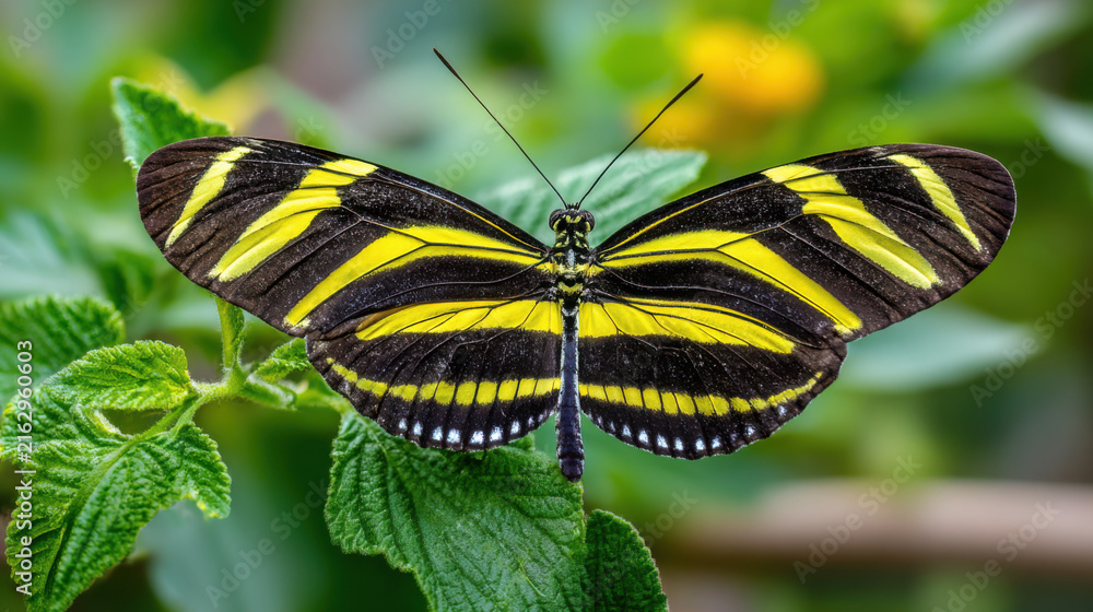 Naklejka premium vibrant yellow and black zebra longwing butterfly on a leafy background