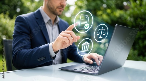 A professional managing legal compliance and e-document verification for digital governance.