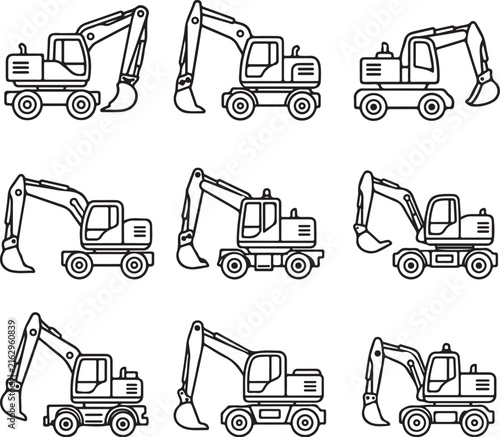 Seamless pattern of excavator line art icons on a plain white background.
